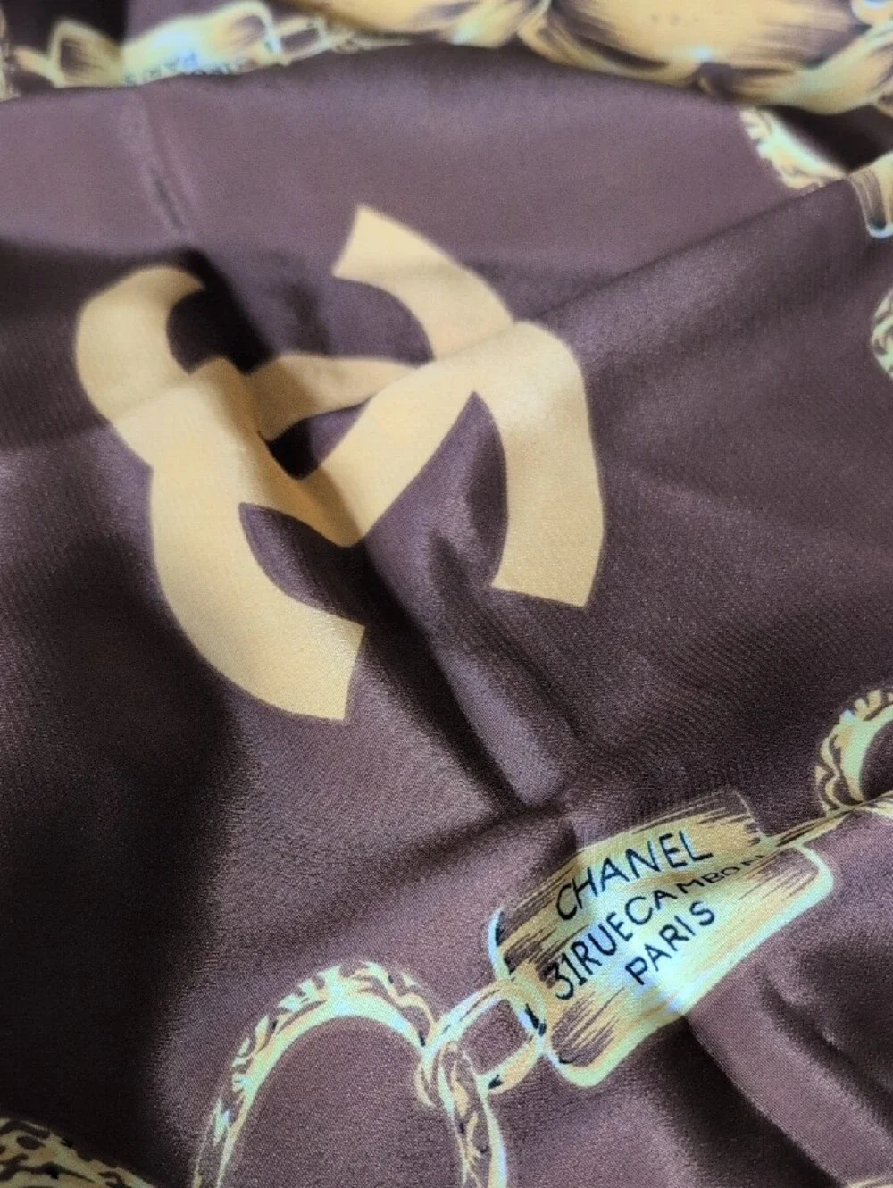 CHANEL Brown and Gold Chain-Print  100% Silk Scarf 35x35